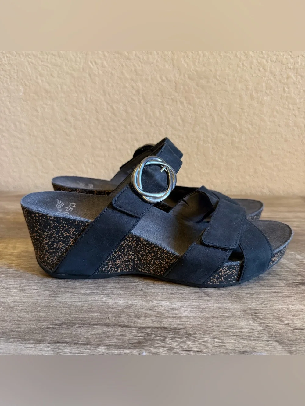 Dansko Susie slide sandals black milled nubuck leather decorative buckle